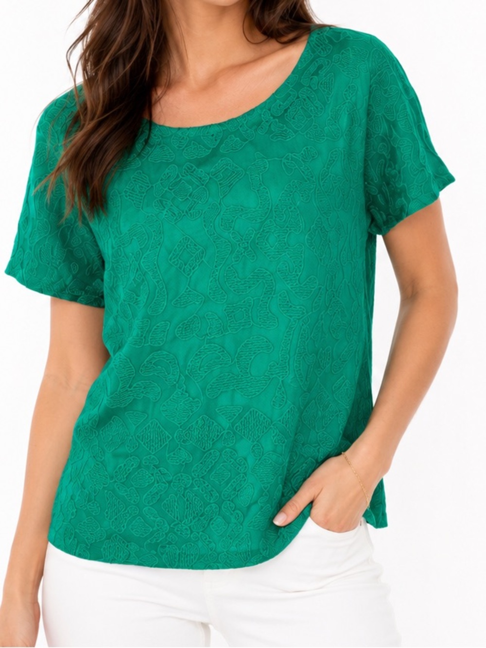 CHICO’S Emerald Green Short Sleeve Scoop Neck Tee Embroidered Lace T-Shirt Top